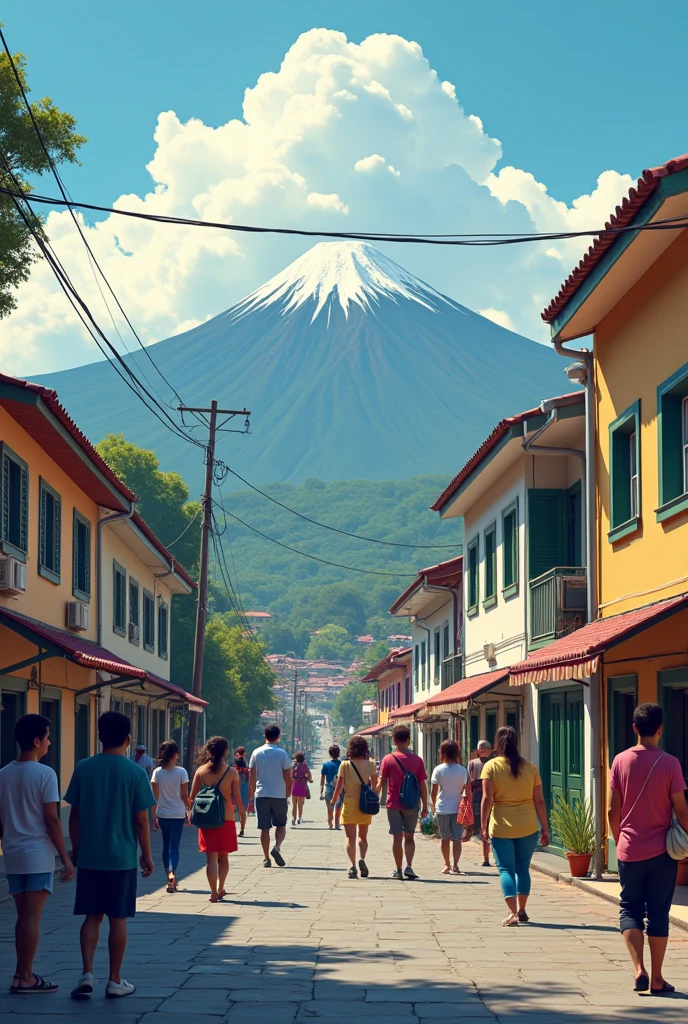 Create an animated image of Manizales Caldas Colombia where there are stressed people, where people look sad, where it is noticeable that it is MANIZALES with its skirts and its volcano, where the mood of the people is noticeable.