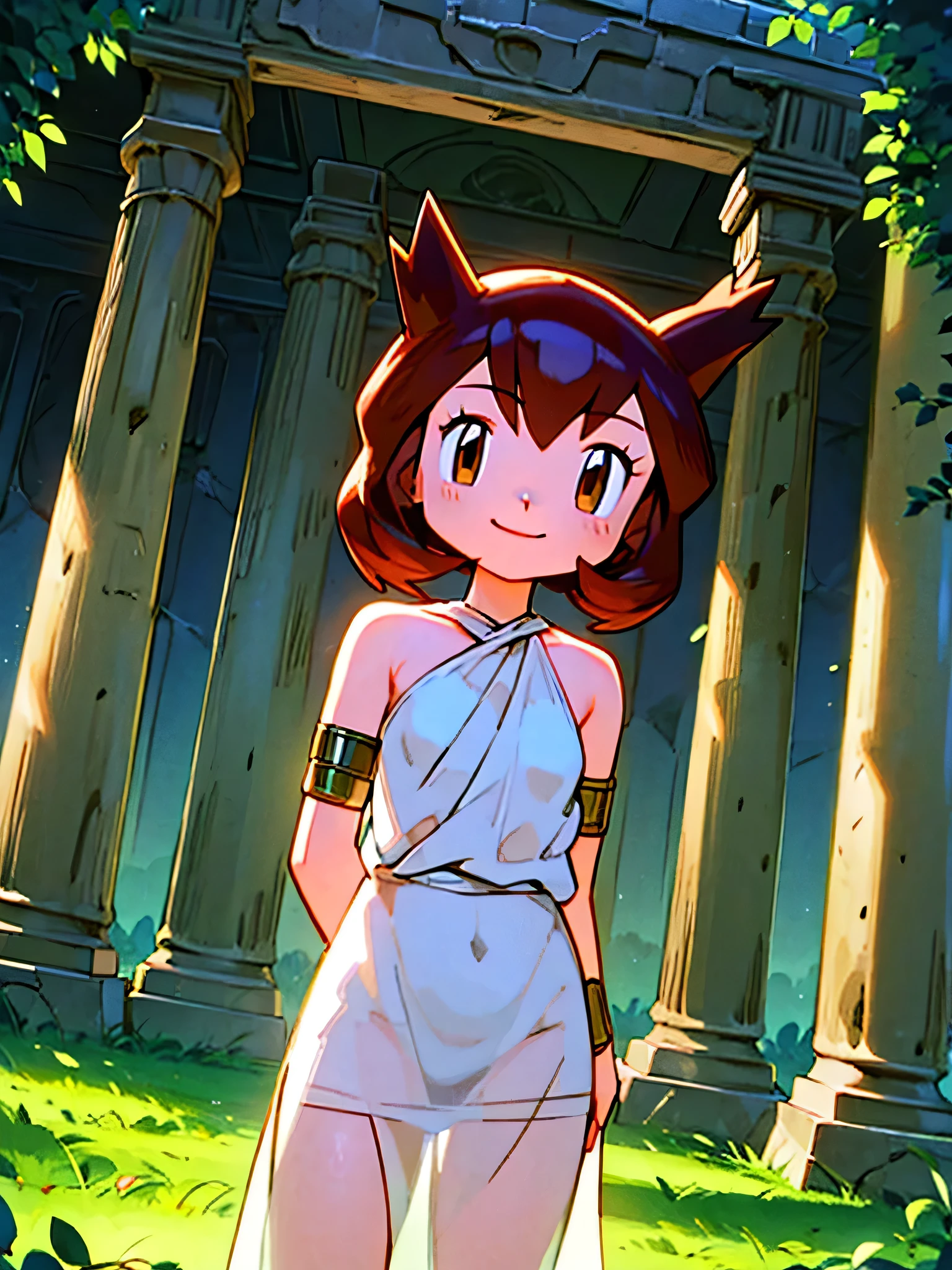 masterpiece, best quality, ultra-detailed, illustration, beautiful detailed eyes, very detailed illustration, cinematic lighting, 1 girl, solo, Pokemon Heroes (Bianca), Brown Hair, brown eyes, bare shoulders, greek clothes, peplos, armlet, see-through, arch, pillar, column, architecture, overgrown, vines, blue sky, arms behind back, smile Close up, looking at viewers, far from the bottom