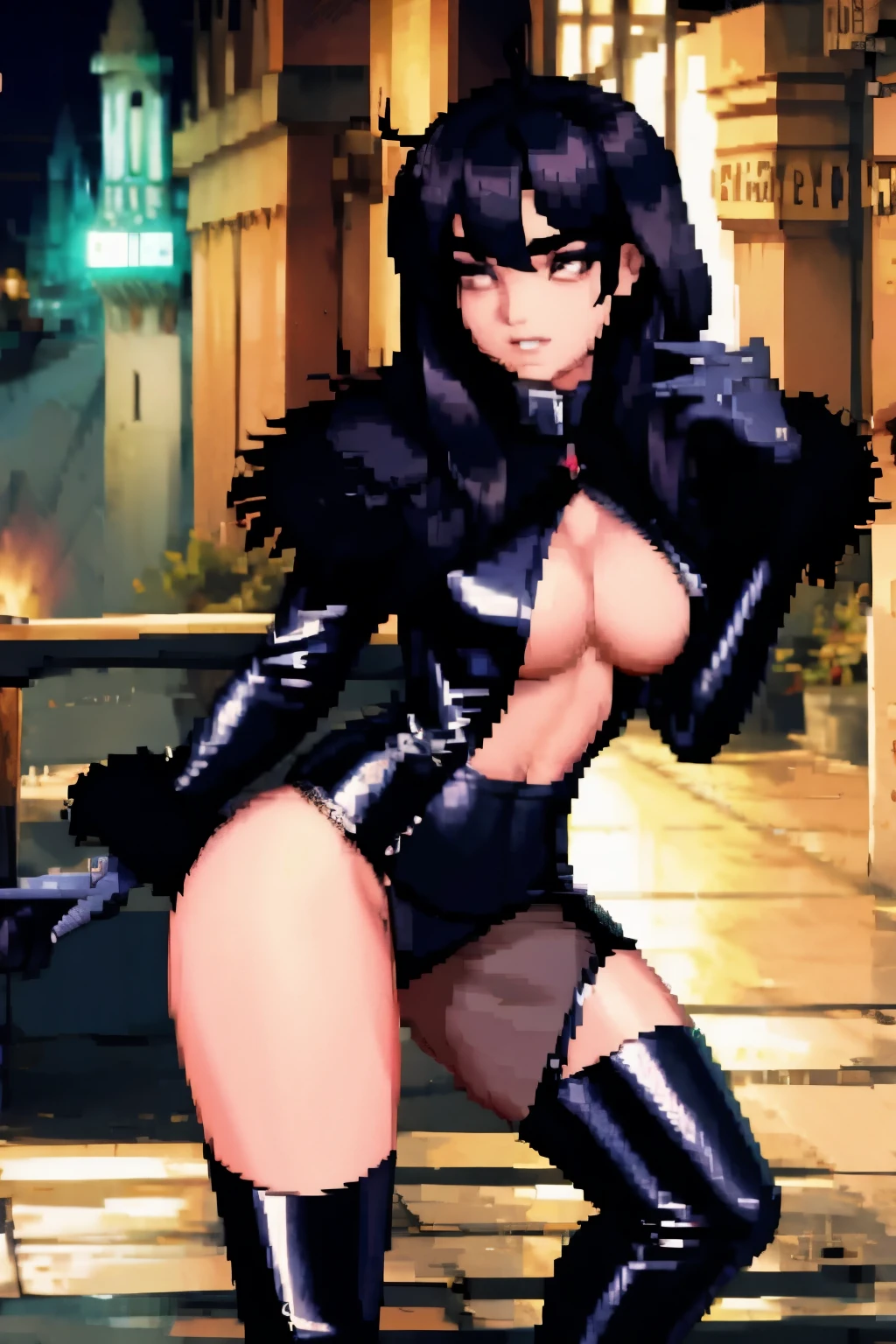 The woman, by the wide, long hair, black fur, black hair, fringe, pale, Pale skin, ((black eyes, black eyes)), scantily clad, black clothes, black clothes, Waders, hig boots, gloves, gloves, Cathedral, evening, fantasy