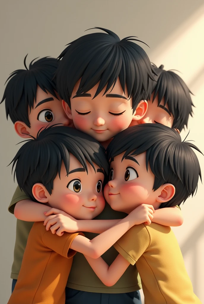 4 black haired boys, skin fair, slanted eyes, hugging realistic style