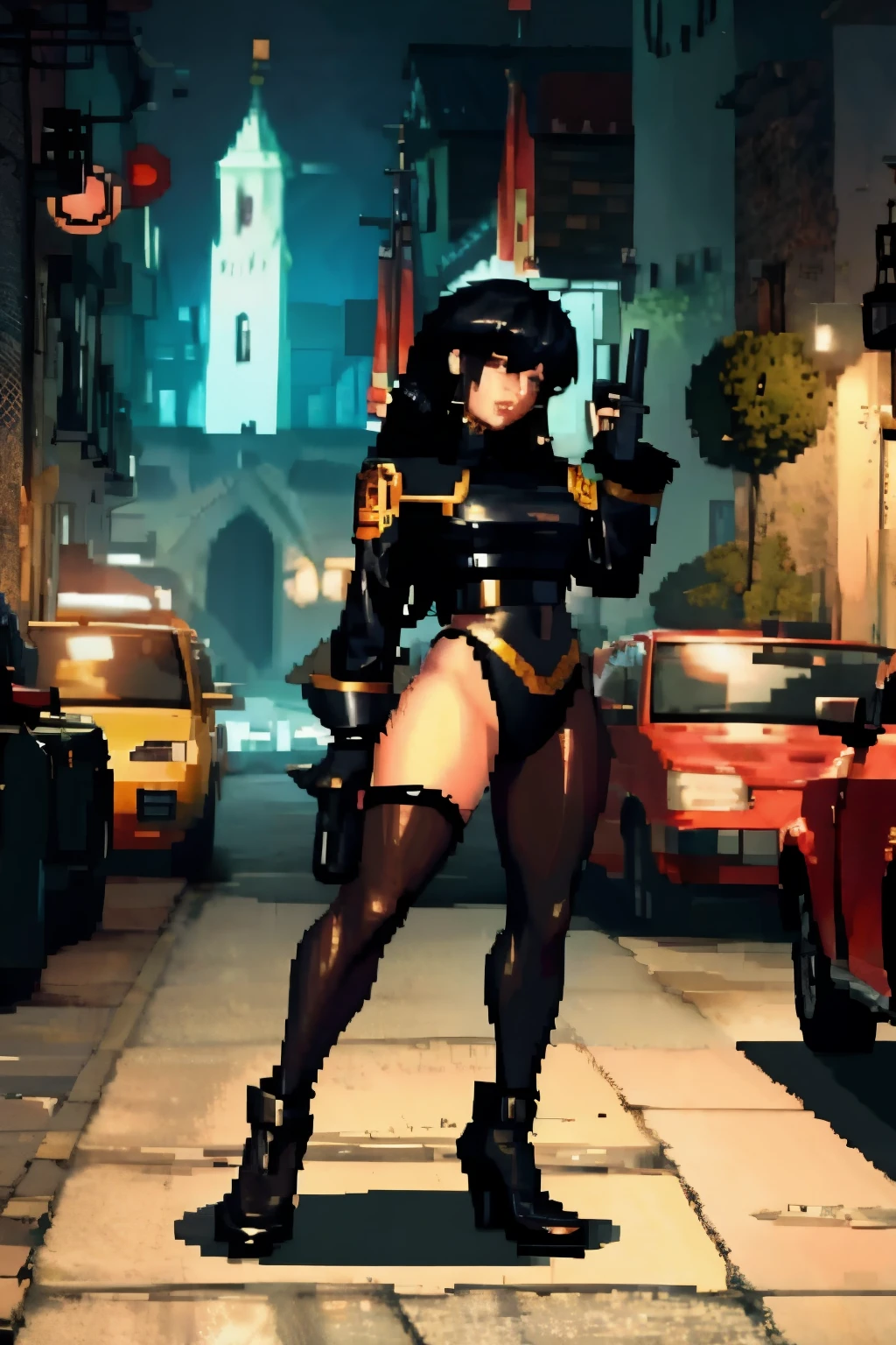 The woman, by the wide, long hair, black fur, black hair, fringe, pale, Pale skin, ((black eyes, black eyes)), scantily clad, black clothes, black clothes, Waders, hig boots, gloves, gloves, Cathedral, evening, fantasy