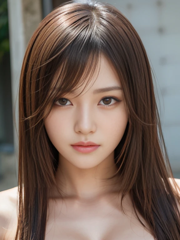 Extreme face close up,Random pose,1 Japanese girl,(Highly detailed skin),curve,Beautiful breasts, Large Breasts, Pale skin, (Best image quality ,Surreal portrait, (Photorealistic:1.4), (Depth of written boundary), (8k), Ultra-realistic, 最high quality, high quality, High resolution, high quality texture,Attention to detail, Beautiful details, Fine details, Highly detailed CG, Detailed Texture, Realistic facial expressions, masterpiece, before, dynamic, bold), Medium Hair, Messy Hair, Asymmetrical bangs, Long, slicked bangs, Light copper amber hair, Hair on one eye,