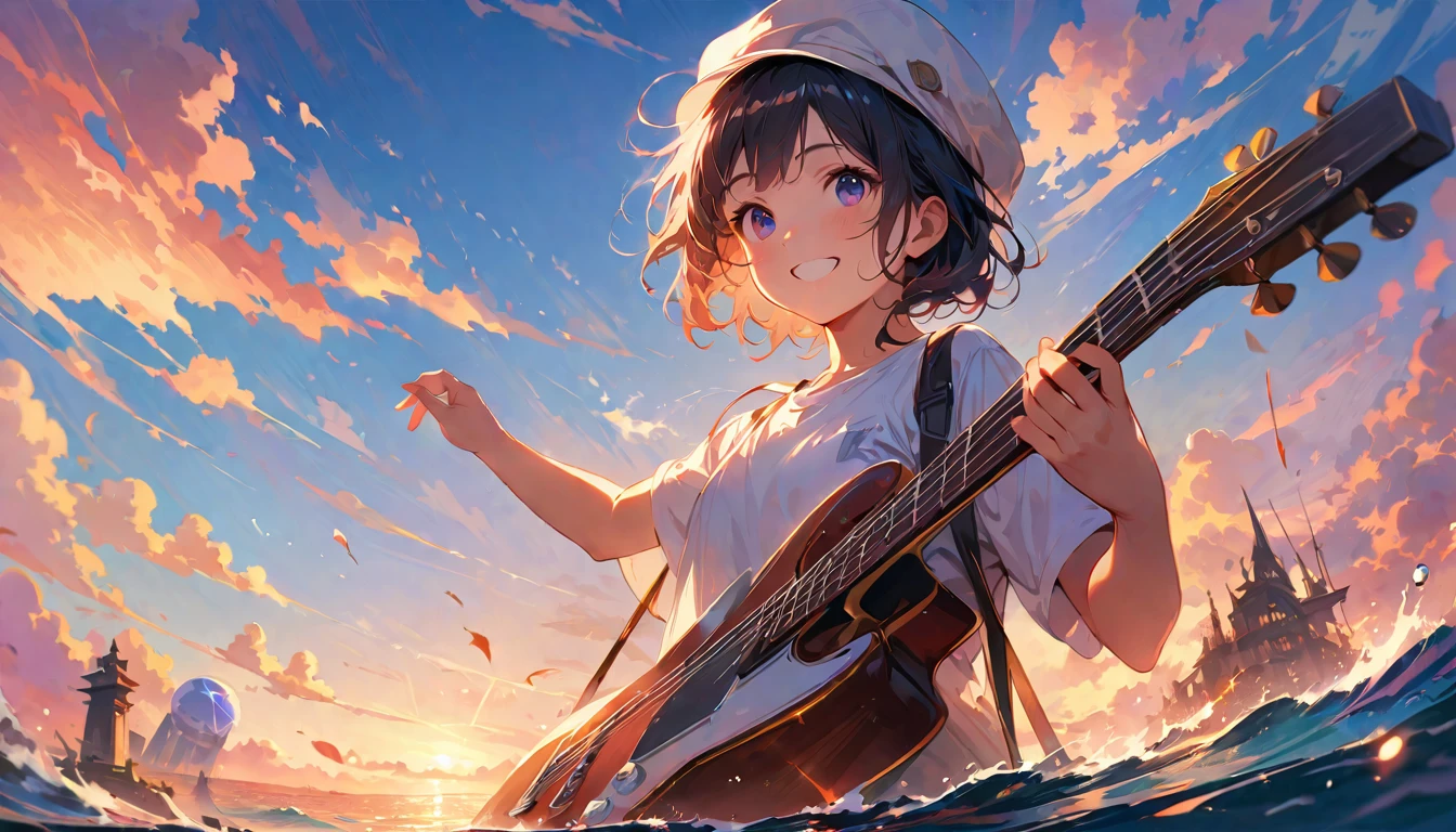 (Highest quality,4K,8k,High resolution,masterpiece:1.2),Very detailed,Realistic,Transparent guitar sculpture,sunset,Sunlight reflecting off a guitar,Body Details,Delicate strings,Vibrant color palette,Sculpting Tools,Hourglass Shape,Sound hole,Elegant Curves,Polished surface,Delicate carving,Light and shadow effects,Subtle reflection,Sparkling Surface,1 cowboy girl,8 year old child、Harmony between nature and art,Perfect craftsmanship,Transcendental beauty,Awe-inspiring works of art、Outdoor、White Hat、White shirt、Great smile、Ocean、The angle of view is upwards