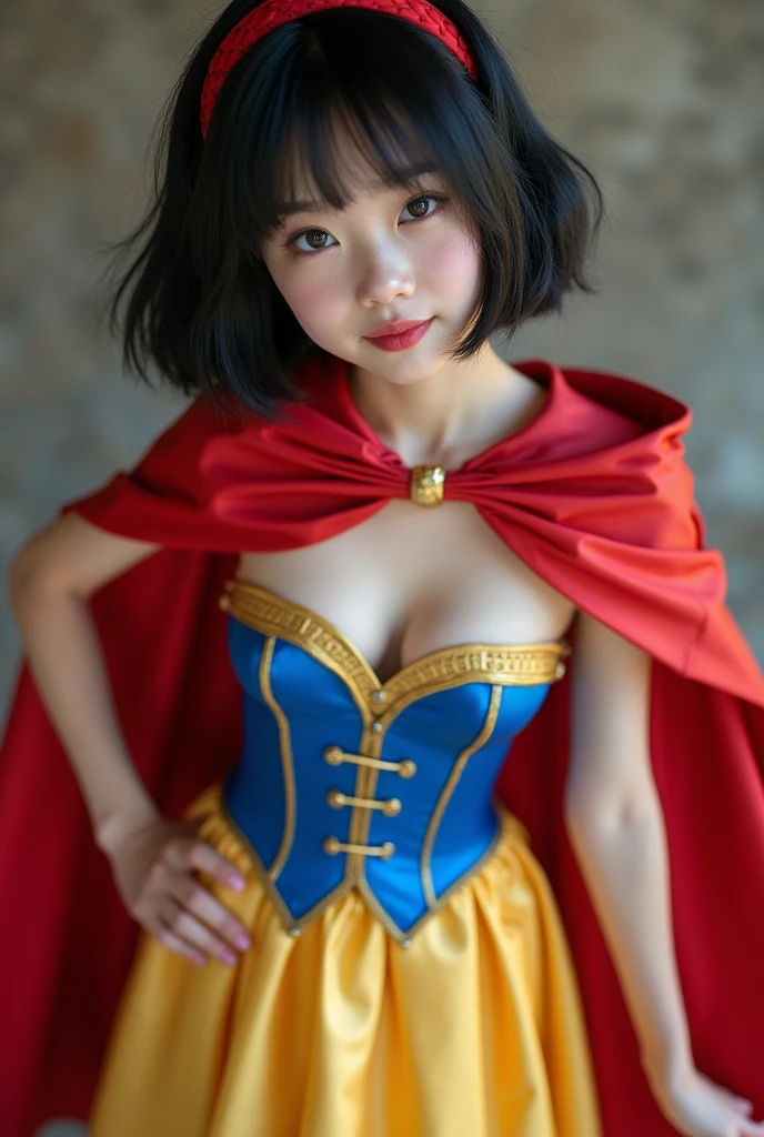 Extreme closeup, upper body shot,Beautiful Japanese female teenager, wearing snow white cosplay, blue silk corset, red silk cape, yellow silk pleated skater skirt, silk leggings, black bob hair, red hairband, masterpiece, photorealistic, amazingly detailed face, maximum resolution, hand on hip, happy, dynamic pose, cute, extremely detailed skin, down blouse shot, bending over, wink