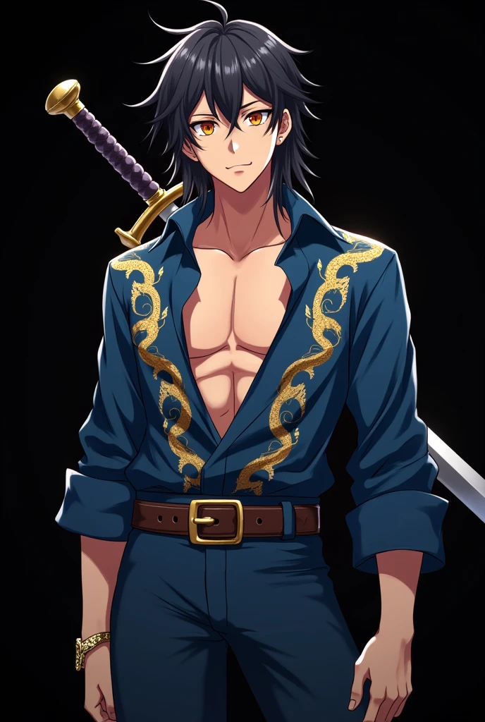 Man, Twelve Year Old, Blue Pirate Shirt Unbutton, Long Sleeve, Gold Dragon Pattern Shirt, Muscle, Bright Orange Eyes, Firm Face, Long black Hair, Handsome Man, Pirate Belt, Sword on the back, black background, atmosphere, Anime manga style. 