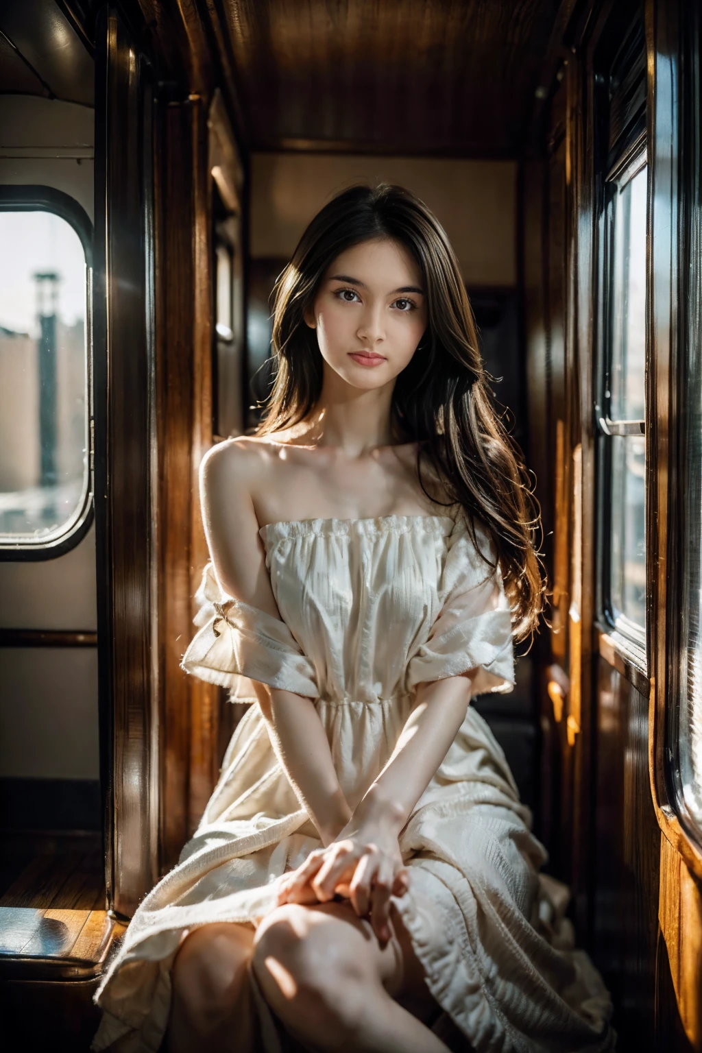 (Best quality, Ultra detailed, Golden ratio, Masterpiece:1.2), Theatrical lighting:0.7, Photo of a girl, dressed in a very elegant and pretty dress, Perfect rare face, (Highly detailed skin), long black hair, Hide your mouth with your hands、Ridicule, skin texture, Pale skin, shiny skin, (thin, large size:1.2), [:(Sharp focus on rare face, perfect eyes:1.2):0.2], photorealistic, film grain, Put one foot forward、from below looking up、looking at viewer、Emphasize the shoulders, Focus on face、Stockings、glasses、Smile with corners of mouth raised、disdainful expression, summer haze, muted colors, muted warm colors, Photo cinematic portrait of a woman dressed in a striped dress sitting by the window in the early morning, cinematic, (tilted:1.3) (on an old train) look cautious, standing under a spotlight, volumetric dust clouds, key light, backlight, soft natural lighting, photography Film grain ISO 400 30 mm lens RAW f1.8 aperture, highly detailed (analog photography:1), colors hdr, miabell4