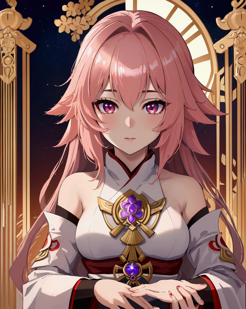 masterpiece, best quality, ultra high quality, ultra high res, top tier, 8k, cinematic, depth of field, elegant, ultra detail, 1 female, yae miko from genshin impact, detailed face, detailed eyes, detailed hair, beautiful face, beautiful skin, shiny eyes, shiny hair