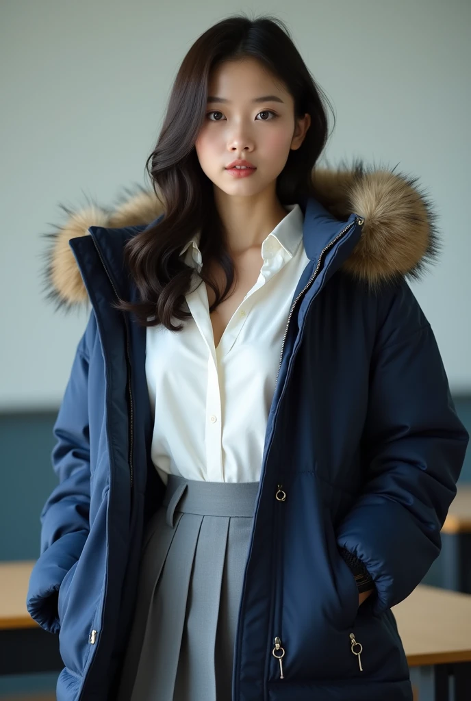 ((best quality)), ((masterpiece)), (detailed), perfect face, beautiful Japanese 18 year old woman, silk tight navy blue topshop puffer coat, seductive, face and body focus, (large breasts) , school uniform, tight silk white blouse, grey pleated skirt, fluffy fur hood, photorealistic, photograph, shiny blouse, blushing, in classroom, open coat, silk coat lining