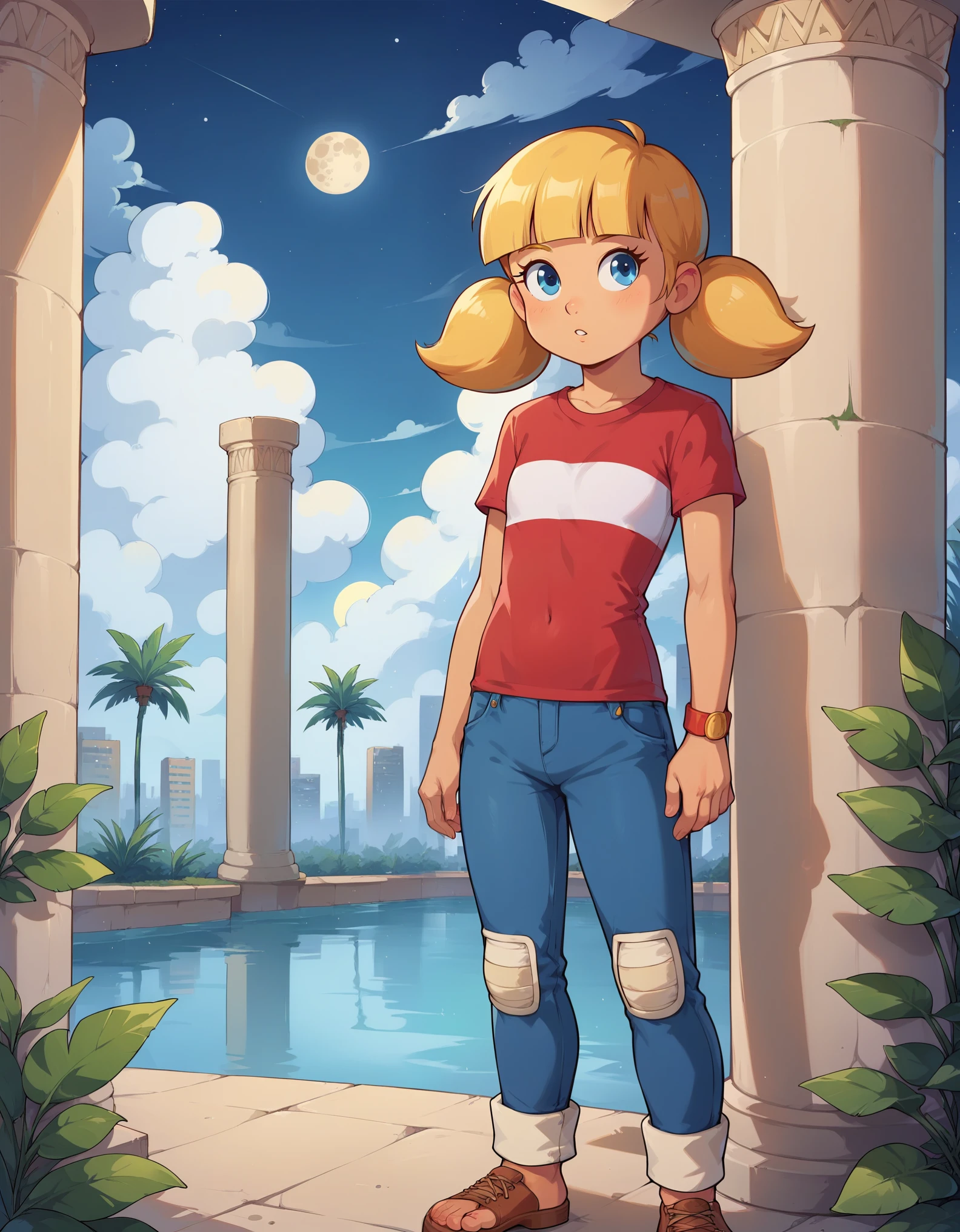 score_8, score_8_up, score_7_up, score_6_up, sgstyle, BREAK, 1girl, solo, female focus, 1girl, penny_ig, blonde hair, twintails, blue eyes, red shirt, stripe, pants, knee patch, flat chest, standing, BREAK hieroglyps, moon, obelisk, pillar, plants, pond, sky, stars, skyline