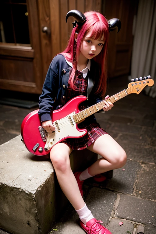 Realistic photo of 12 year old horned demon girl with very long red-tipped hair wearing a catholic school uniform wearing a red plaid miniskirt, rocker shirt, demon horns, pink socks with an old fender stratocaster electric guitar in her hands sitting on a tombstone in a haunted house at midnight