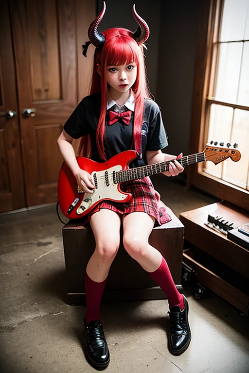 Realistic photo of 12 year old horned demon girl with very long red-tipped hair wearing a catholic school uniform wearing a red plaid miniskirt, rocker shirt, demon horns, pink socks with an old fender stratocaster electric guitar in her hands sitting on a tombstone in a haunted house at midnight