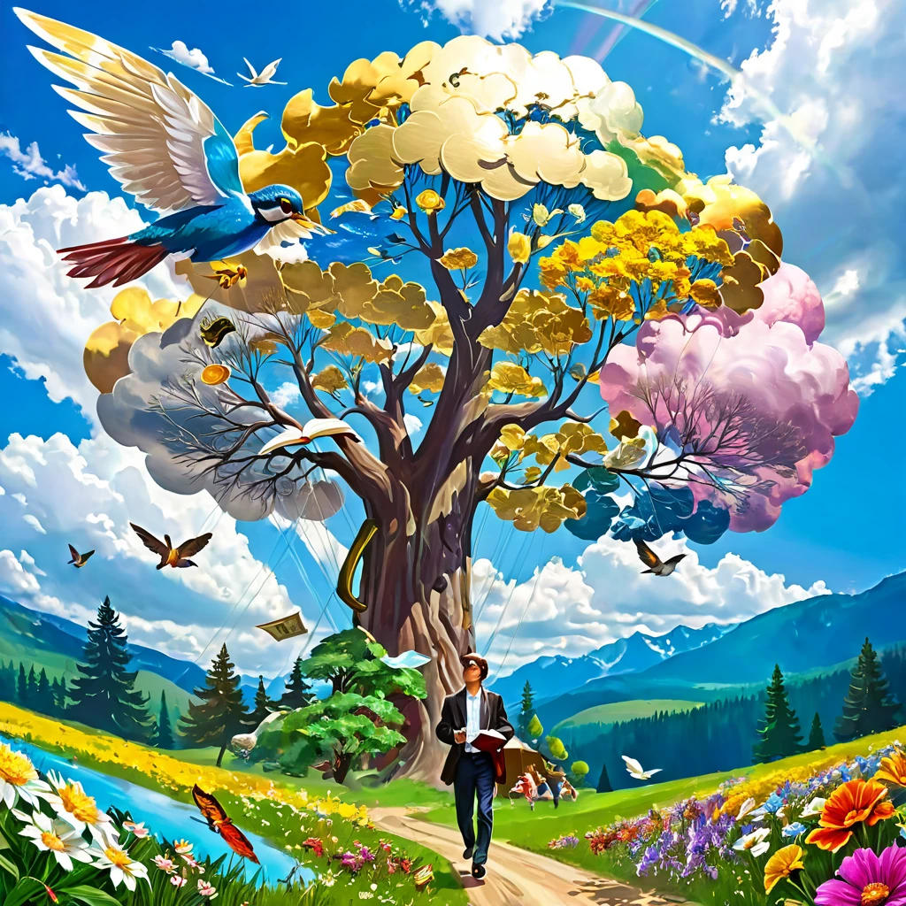 A man in a deep of thought bubble of very creative unique stuff of many different ideas. Clouding view of rare fantastic places surrounded by a tree of forest, gold, silver, animal and different types of flowers. flying book having wing, flying money having wings, flying glass. kids running around the man. The sky has two different and interesting colors.