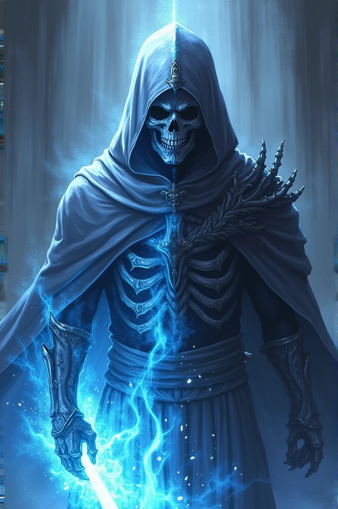 An anime character who is a magic knight, half ice and half shadows, on your face half a mask of bones 