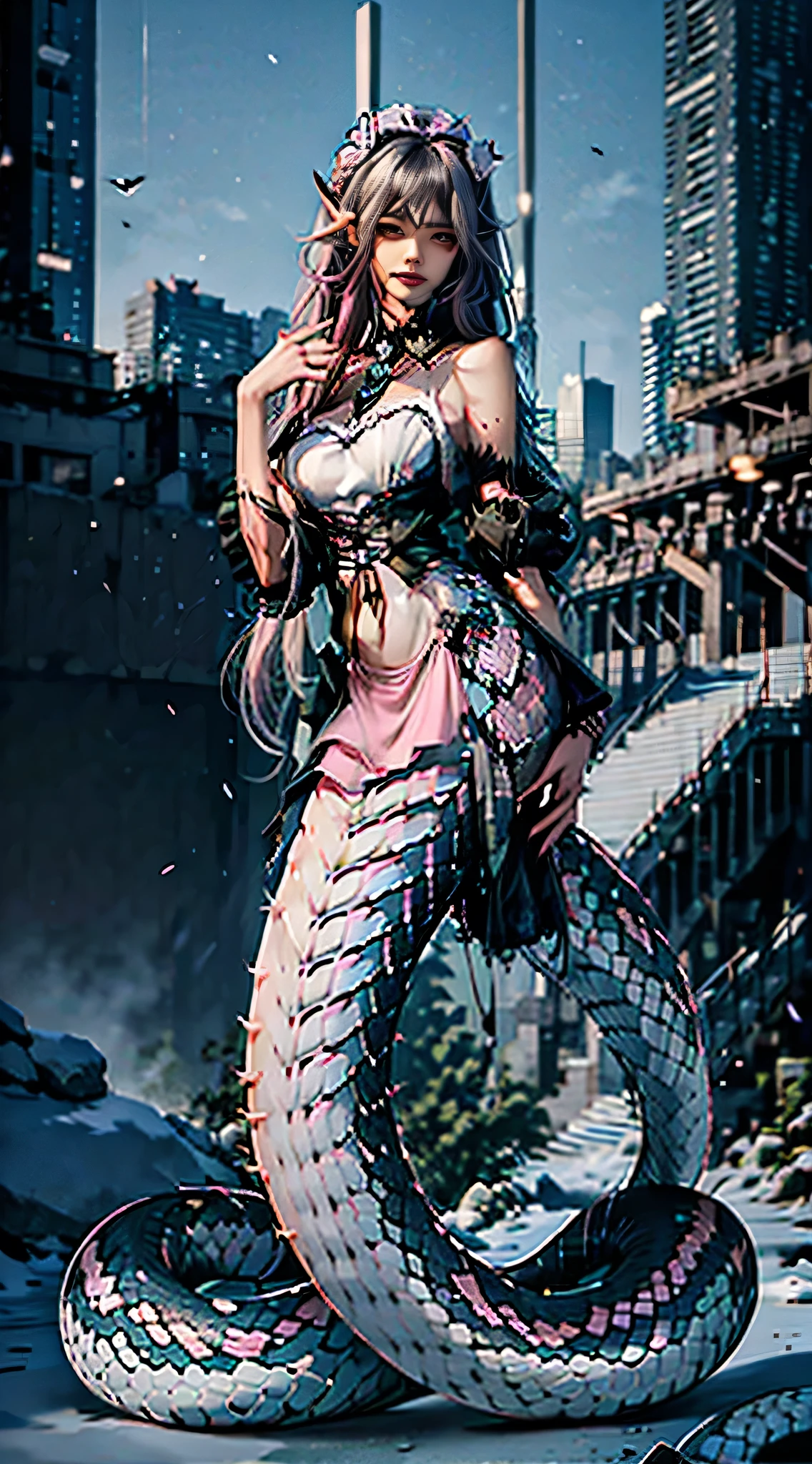 （Snake demon, ），((best quality)), ((masterpiece)), ((Photorealistic)), Medusa，Full body homosexuality，Hair is made of gray rock, Full Body Love，((Pink Eyes))，((White top))Young female face, Scales are completely naked,Small chest and thin waist，（Mermaid:1.2） （(Slender pink snake tail:1.3)）Serious face,- Realistic snake scales，Trending on ArtStation, Be focused, Studio Photos, Intricate details, Very detailed, Delicate eyes, Implications, Very detailed, Be focused, Digital Rendering, professional, 4K