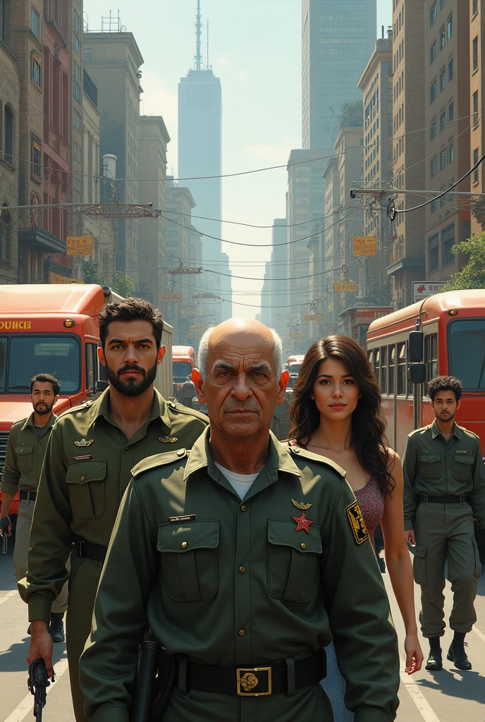 Image that has trucks buses, a military , a grandfather, a bald man and 3 25-year-olds