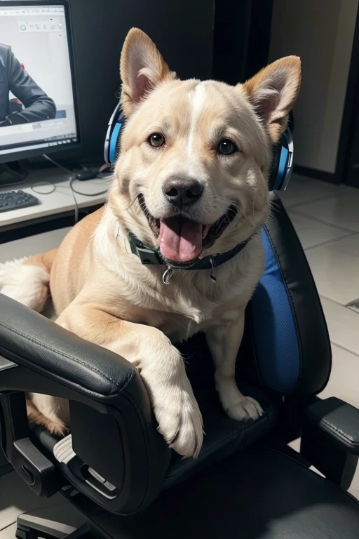 put a laughing dog on a gaming chair, using rgb headphones drawing