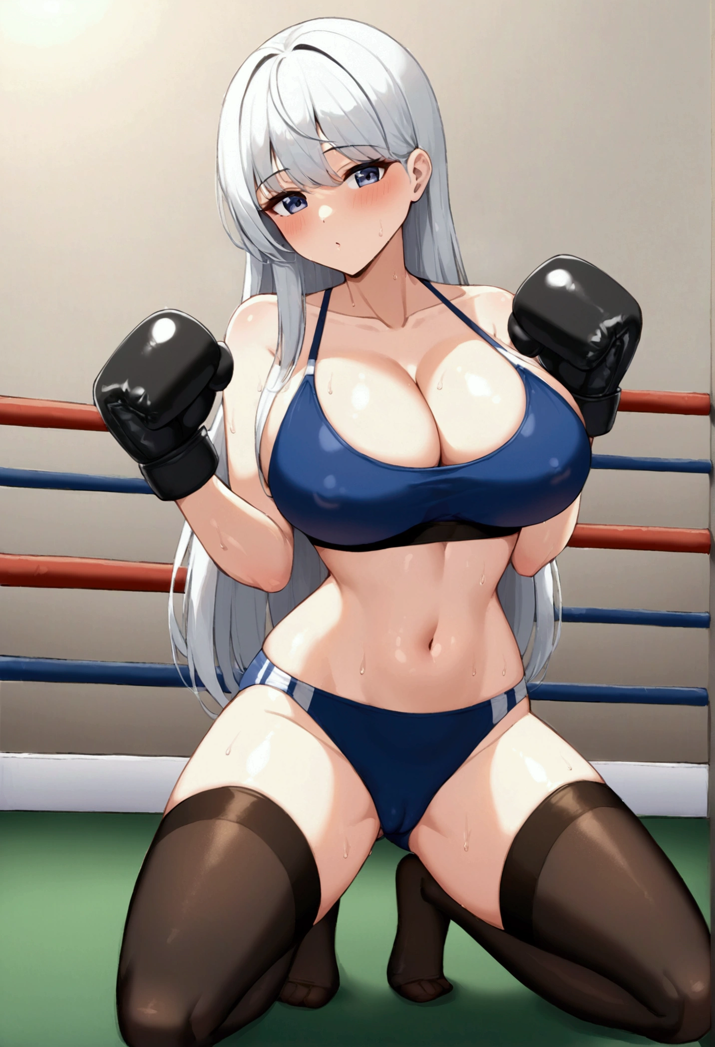 korean beautifull girl,18 years old,Pretty Face,Good shape,detailed picture, Seductive expression, blush,White long hair, Wear sports bras,Soaked,Wear black garter stockings,No shoes, Wearing black boxing gloves,Black sleeves on arms, Kneeling on the boxing ring and doing sexy moves,Large Breasts,Cleavage,Long legs,Thin waist,nipple,Camel toe