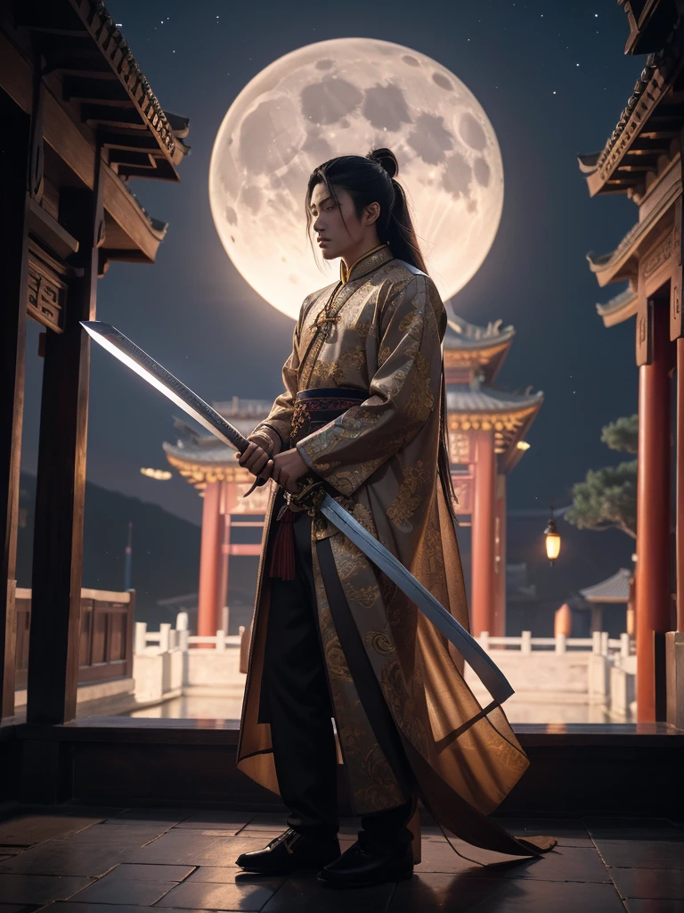 best quality, 8k, very delicate and beautiful, highly detailed face and skin texture, shiny skin, high resolution, long hair chinese male swordsman wearing chinese traditional costume with sword at chinese temple at night, under the moon light, full body, sharp focus