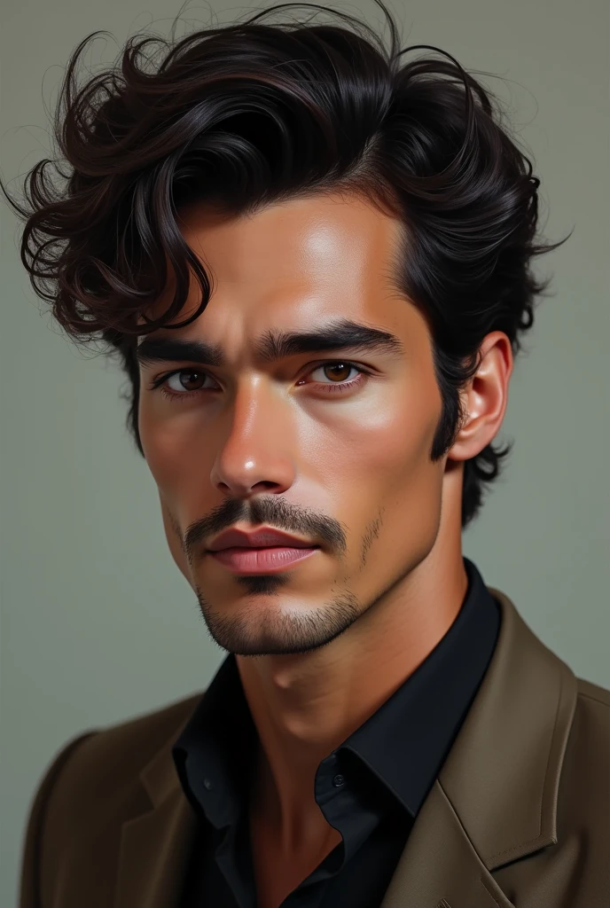A handsome man with curly hair, a thin mustache and cropped eyebrows