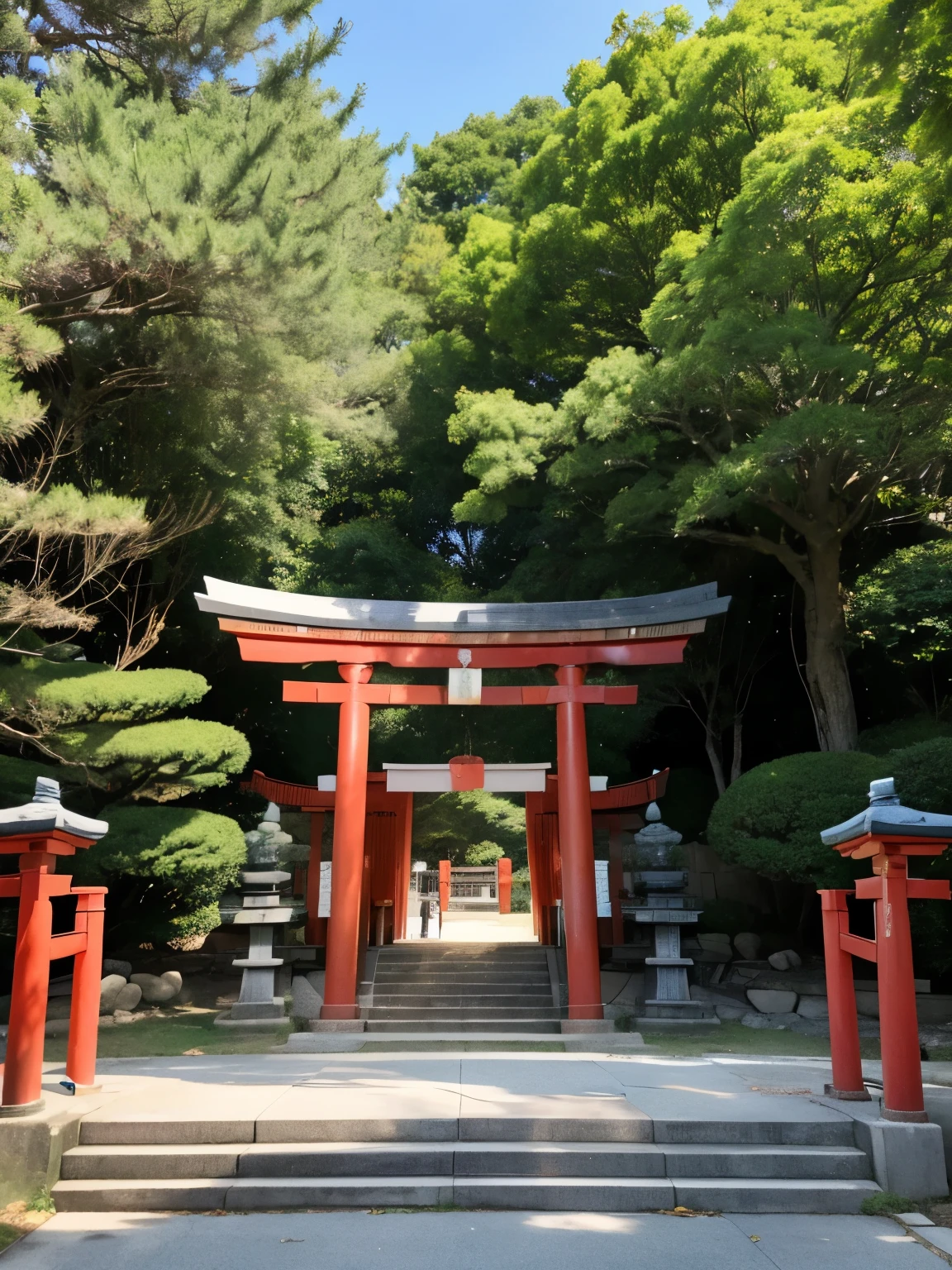 A front view of a traditional Japanese Shinto shrine, featuring a large red torii gate in the foreground. The torii gate has a shimenawa (sacred rope) with white zigzag paper strips hanging from it. Behind the gate, there is a beautifully decorated shrine with a green roof, intricate details, and red and white color scheme. On either side of the entrance, there are stone fox statues wearing red bibs. Modern buildings can be seen in the background, contrasting with the traditional architecture of the shrine. The scene is set on a sunny day with a clear blue sky.