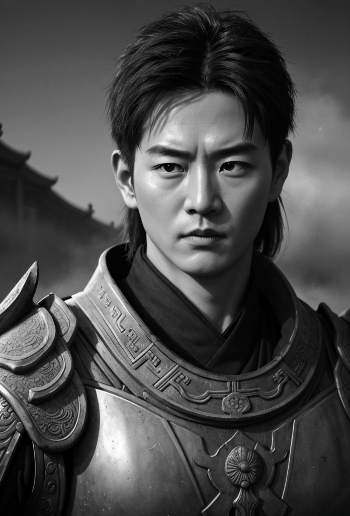 Bust of an ancient Chinese general on the battlefield，The armor is broken, Starry sky and fog cover the landscape.Rich historical background. (Highest quality,4K,8k,High resolution,masterpiece:1.2), Very detailed, (Realistic,Realistic,Photorealistic:1.37), High resolution, Hyper HD, Studio Lighting, Ultra-fine painting, Sharp focus, Physically Based Rendering, Very detailed説明, Professional, Vibrant colors, Bokeh, Sports Late, Ancient War Landscapes, Traditional Chinese Painting Techniques, Atmospheric lighting, Dynamic Pose, Complex combat scenarios, Vivid color contrast, Visually stunning composition, Ethereal atmosphere, heroism. Black and White