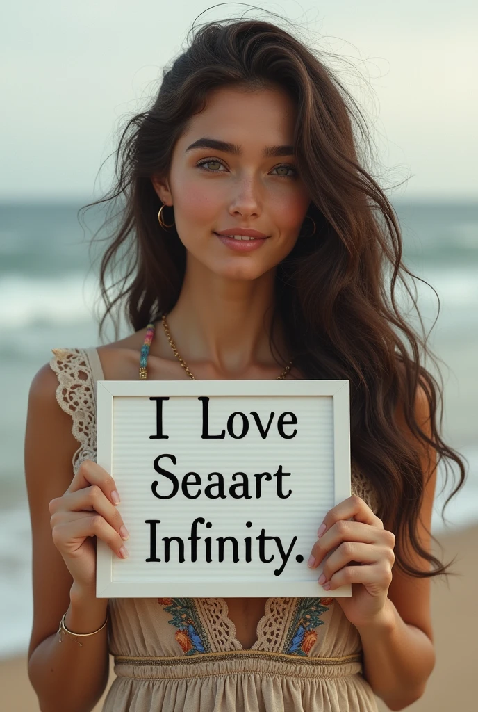 Beautiful girl with wavy long hair, bohemian dress, holding a white board with text "I Love Seaart Infinity" and showing it to the viewer