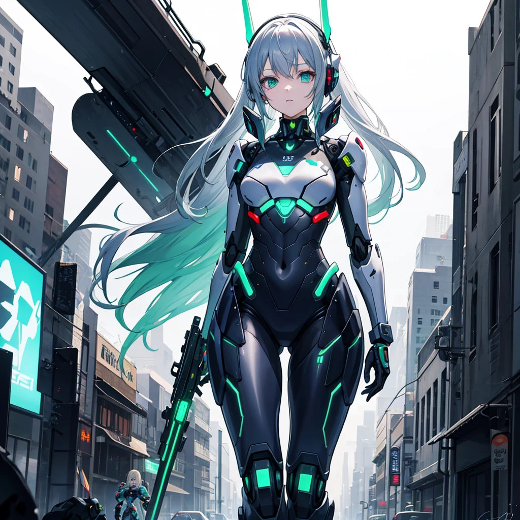 Anime girl in silver and green robot armor walking down the street holding a rifle in her right hand, A girl wearing silver mecha cyber armor, Cyberpunk Anime Girl Mecha, Perfect android girl, Android Heroine, Female Mecha, biblical Female Android, Mechanized Soldier Girl, beautiful Female Android!, Cyber Suit, Cyberpunk Anime Girl, broken beautiful Female Android!, Female Android, Wearing sci-fi military armor、Decayed City、Beautiful girl face 1.5、1 with a glowing green sword in his left hand.5,One Girl 1.4、Chest close-up 1.3