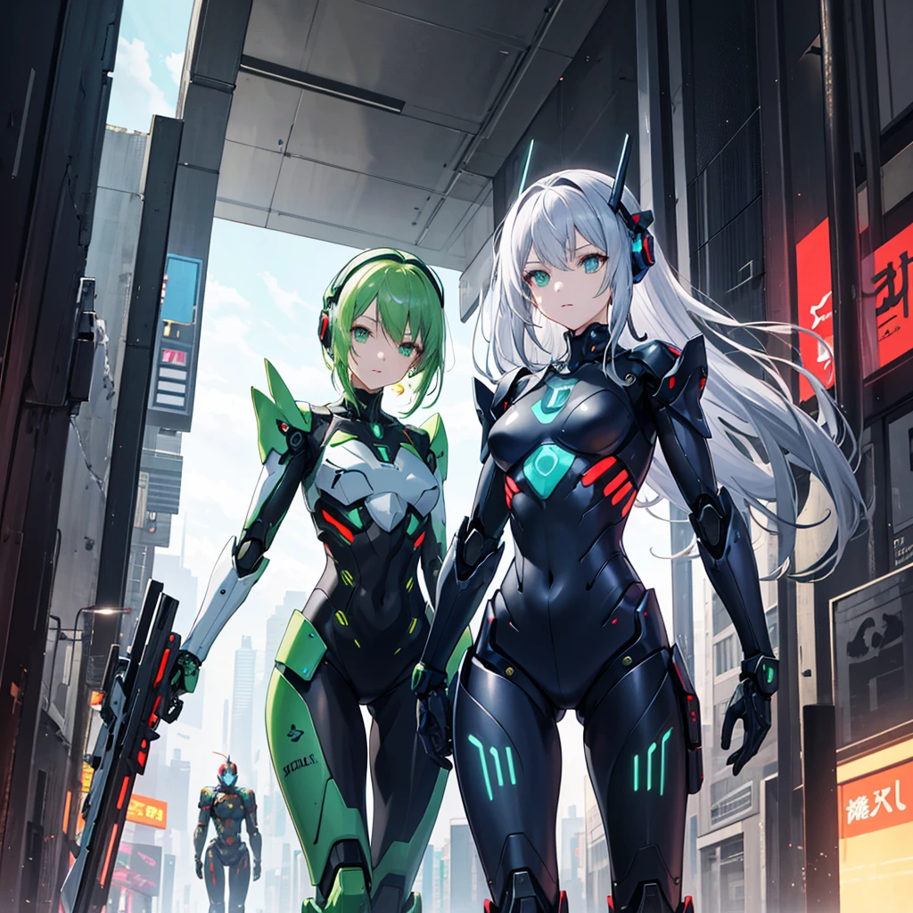 Anime girl in silver and green robot armor walking down the street holding a rifle in her right hand, A girl wearing silver mecha cyber armor, Cyberpunk Anime Girl Mecha, Perfect android girl, Android Heroine, Female Mecha, biblical Female Android, Mechanized Soldier Girl, beautiful Female Android!, Cyber Suit, Cyberpunk Anime Girl, broken beautiful Female Android!, Female Android, Wearing sci-fi military armor、Decayed City、Beautiful girl face 1.5、1 with a glowing green sword in his left hand.5,One Girl 1.4、Chest close-up 1.3