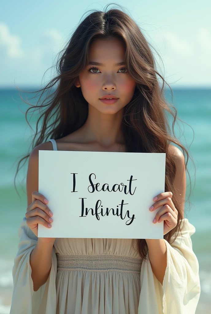 Beautiful girl with wavy long hair, bohemian dress, holding a white board with text "I Love Seaart Infinity" and showing it to the viewer