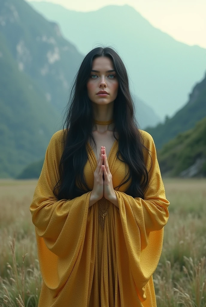 A mysterious woman with long black hair and blue eyes dressed in gold with praying hands in a beautiful and remote landscape