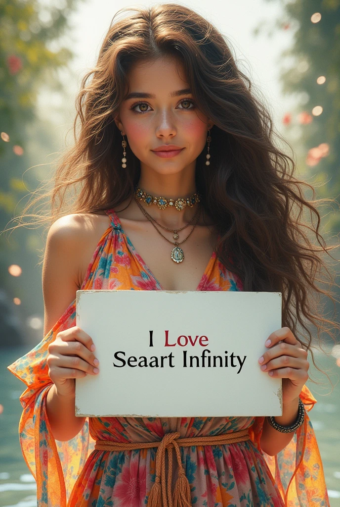 Beautiful girl with wavy long hair, bohemian dress, holding a white board with text "I Love Seaart Infinity" and showing it to the viewer