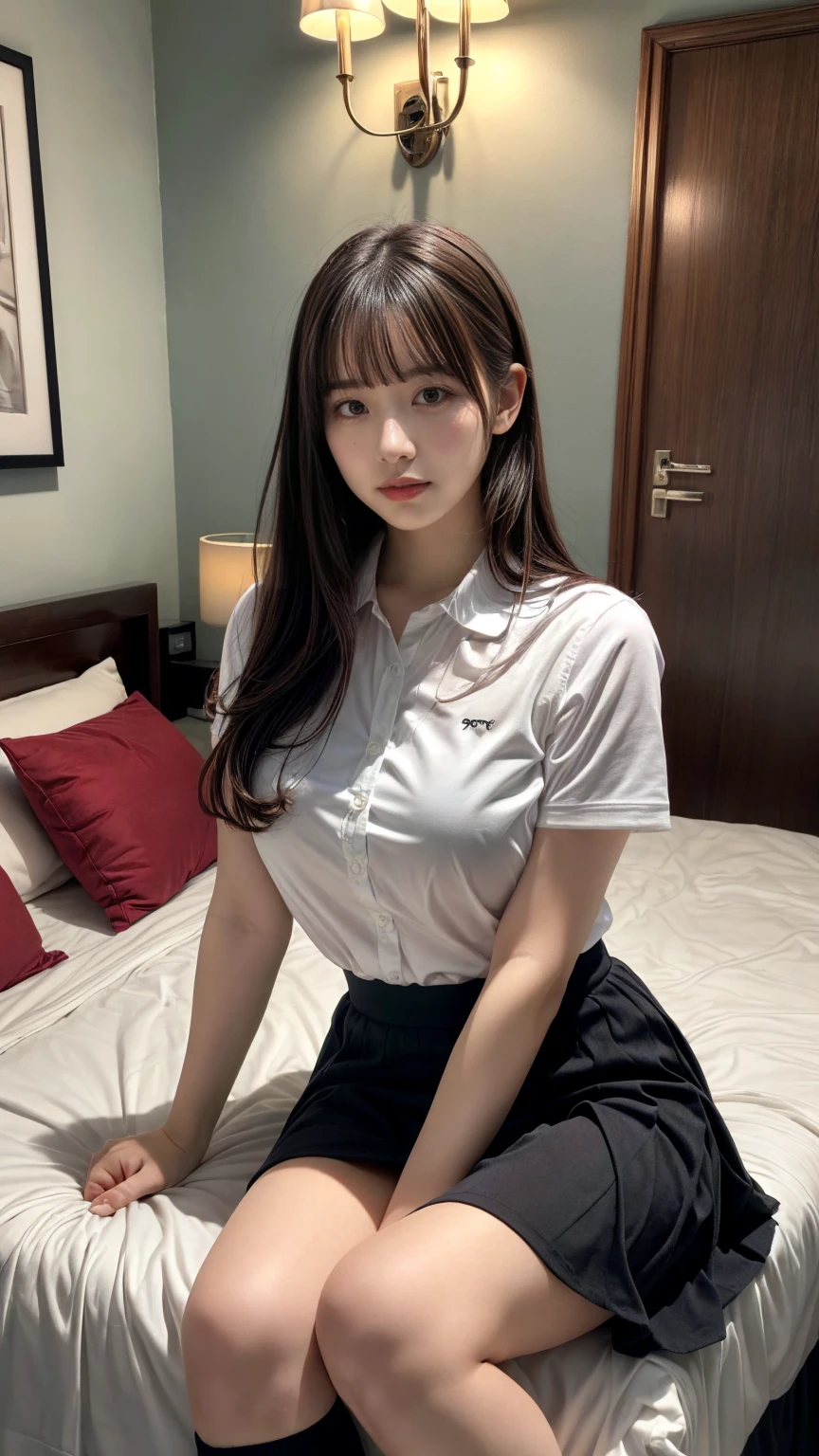masterpiece, best quality, illustration, Super detailed, fine details, High resolution, 8K,wall paper, perfect dynamic composition,(Details High quality, realistic depiction of eyes:1.3), (Fashionable, with soft pastel colors, black skirt, pernas nu, camisa polo preta, uniform soccer, ambiente urbano), straight hair, large breasts, black hair color, Big Natural Color Lip, (perfect body shape), crying a little、Harajuku style、20 year old girl、cute type、ta、beautiful legs, hotel room, Gravure Idol
