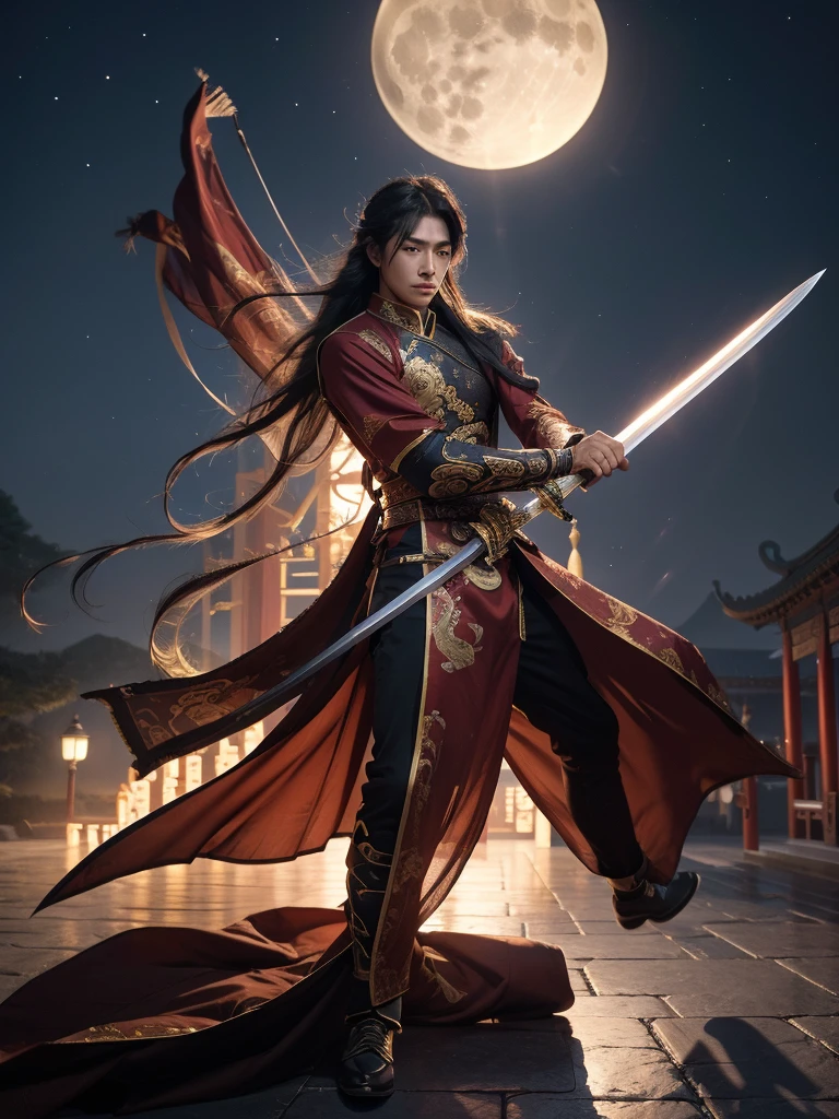 best quality, 8k, very delicate and beautiful, highly detailed face and skin texture, shiny skin, high resolution, long hair chinese male swordsman wearing chinese traditional costume with sword at chinese temple at night, under the moon light, full body, sharp focus