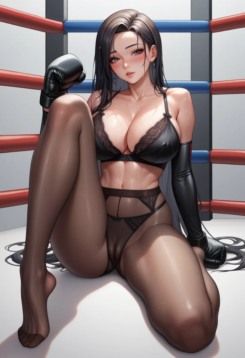 korean beautifull girl,18 years old,Pretty Face,Good shape,detailed picture, Seductive expression, blush,White long hair, Wear sexy lingerie,Soaked,Wearing black pantyhose,No shoes, Wearing black boxing gloves,Black sleeves on arms, Sit in the boxing ring and stretch one foot forward,Large Breasts,Cleavage,Long legs,Thin waist,nipple,Camel toe
