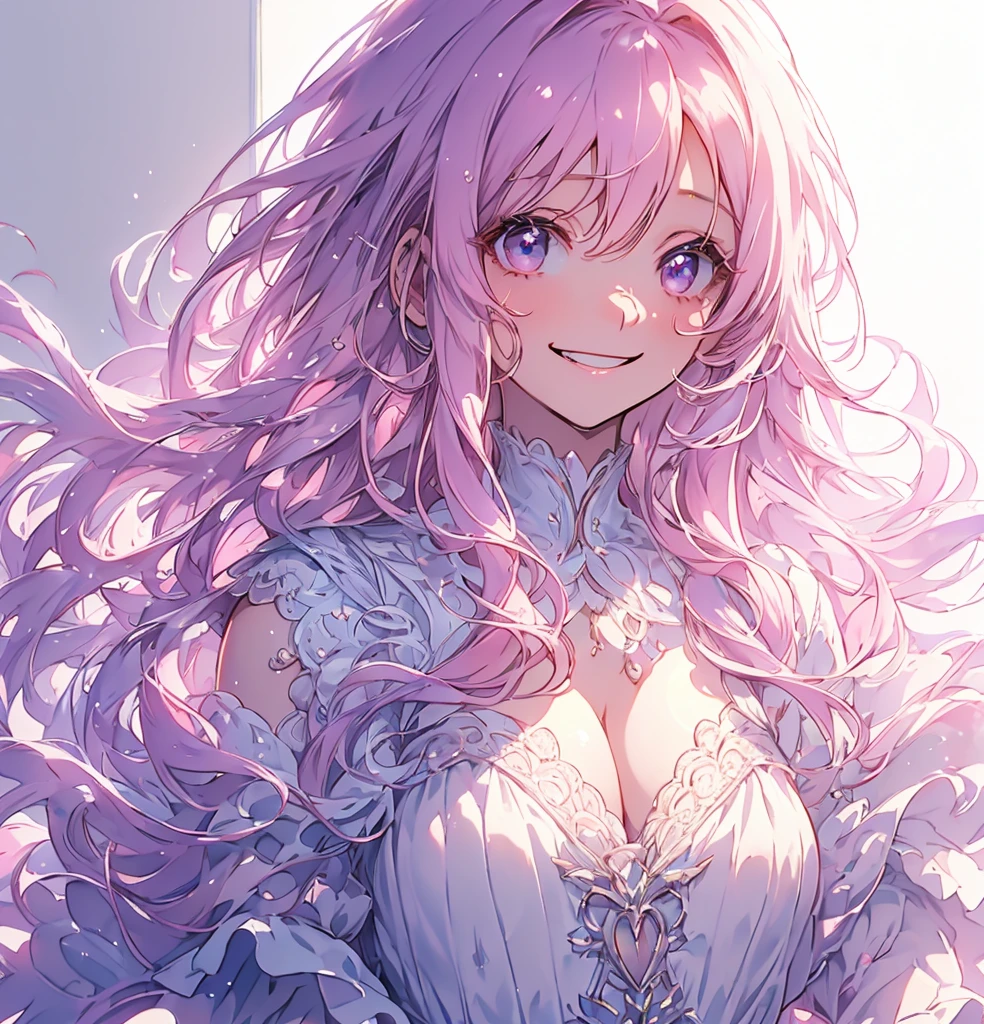 (masterpiece,Highest quality, Very detailed, beautiful, Exquisite, 16K, Full HD), ((smile,Happy:1.5)),get up,((Frills, Sparkling fluffy layered ball gown)), (Pink medium hair,Wavy Hair,Fluffy hair),(White skin,Lavender eyes, Long eyelashes, Big eyes,Pale pink cheeks), (pastel colour,Fantasy art:1.2), (White Background:1.8),Look forward,Upper Body,体がLook forwardいる.,No text