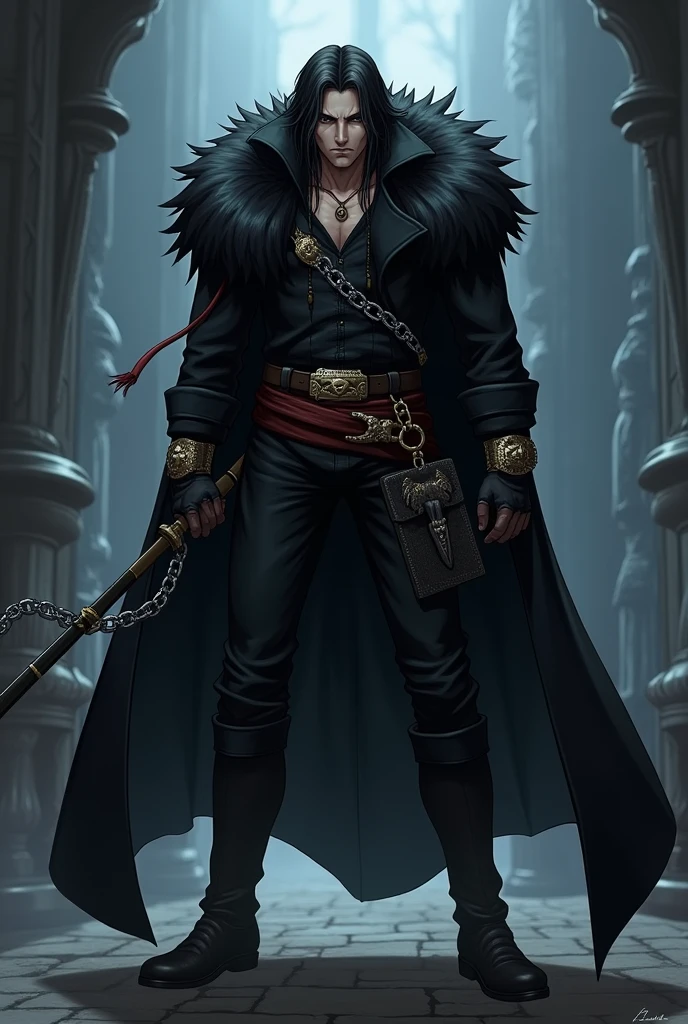 Create the image of a hunter in the style of Trevor Belmont from the anime Castlevania, he must be wearing a chain/whip as main weapon, must have black clothes and a furry cape, all in the style of the anime Castlevania 