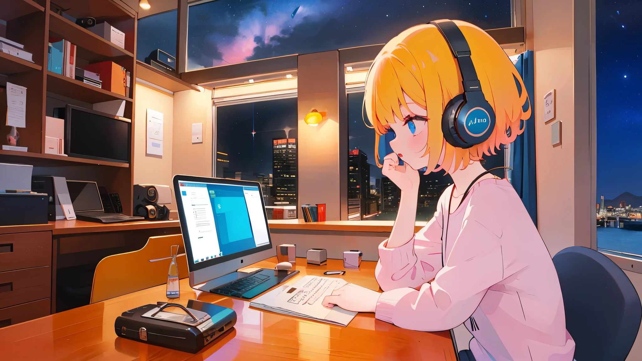 girl study on a desk while listening to jazz on headphones with night sky in the background
