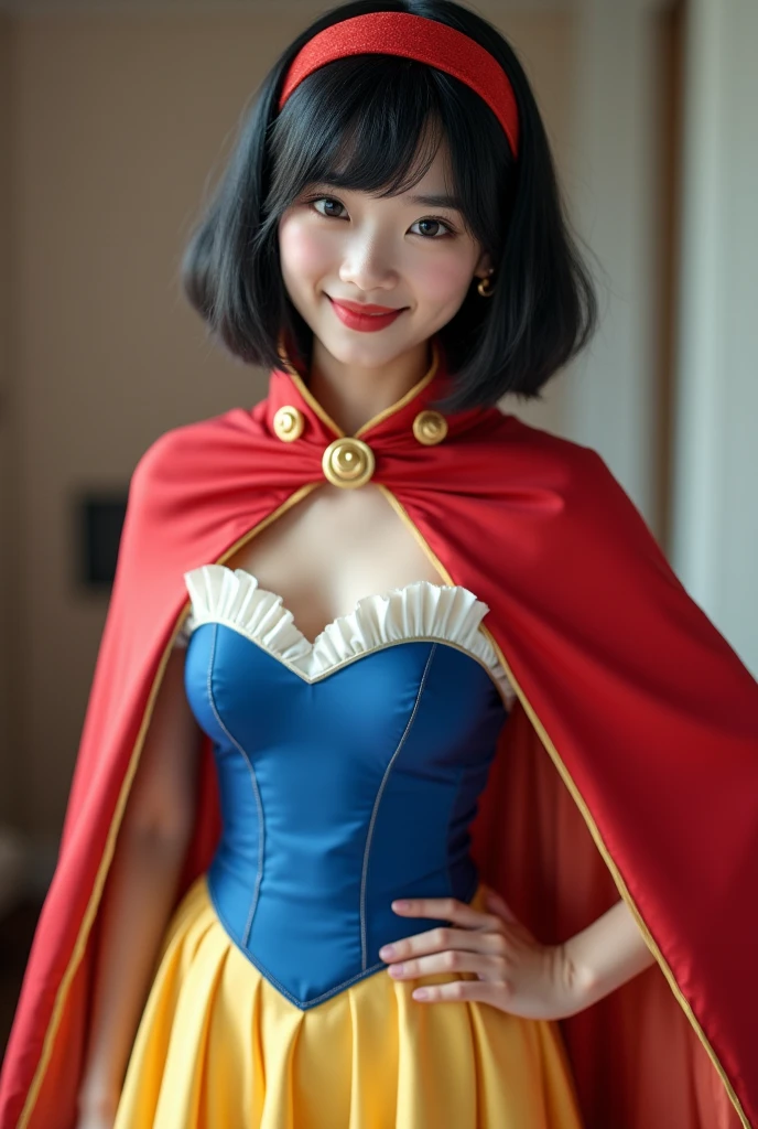 Extreme closeup, upper body shot,Beautiful Japanese 18 year old female teenager, wearing snow white cosplay, blue silk corset, red silk cape, yellow silk pleated skater skirt, silk leggings, black bob hair, red hairband, masterpiece, photorealistic, amazingly detailed face, maximum resolution, hand on hip, happy, dynamic pose, cute, extremely detailed skin, down blouse shot, bending over, wink, realistic, photograph