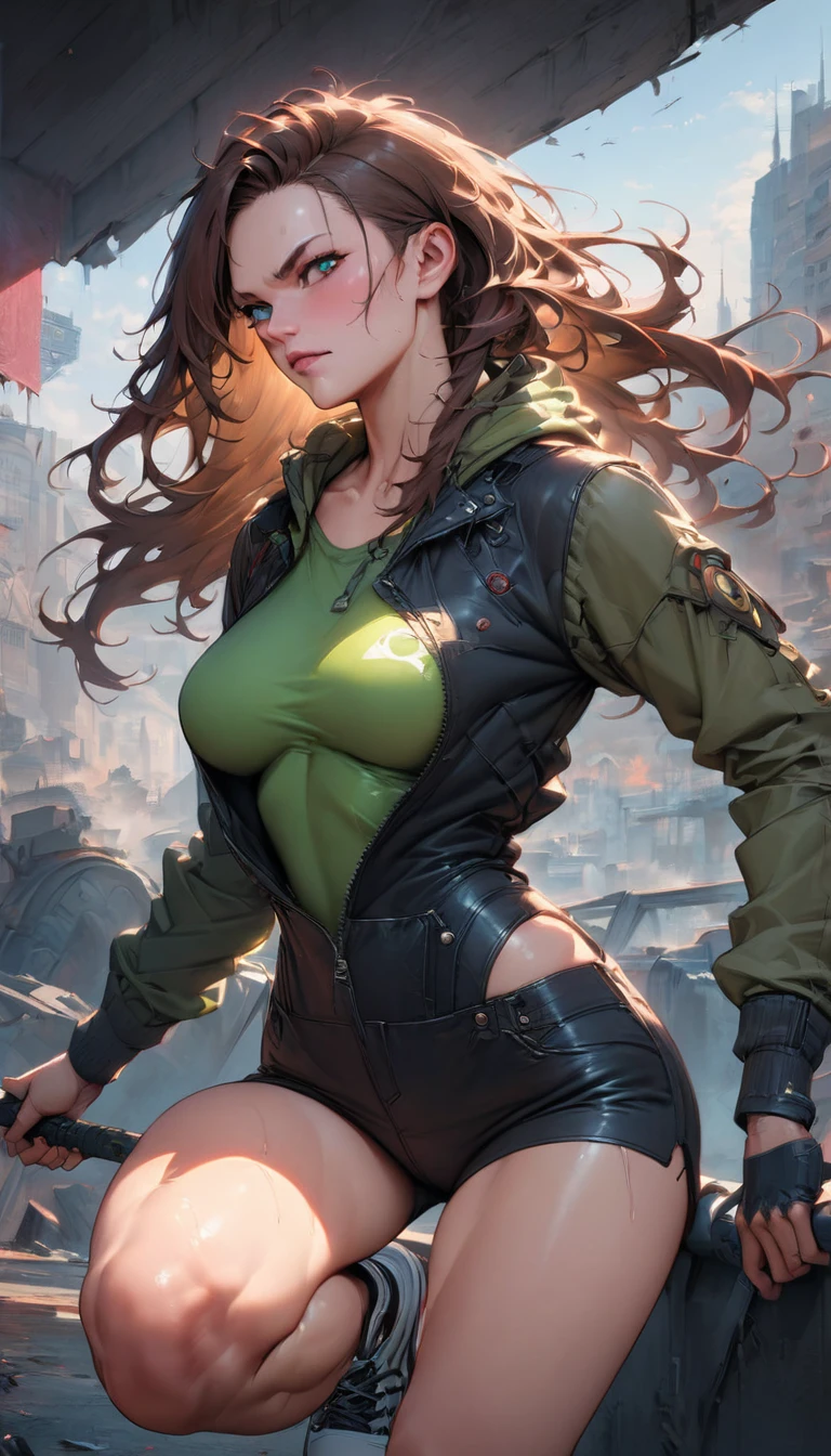 best quality,4k,8k,highres,masterpiece:1.2),ultra-detailed, extremely detailed eyes, extremely detailed body, (large masterpiece digital art), (detailed manga illustration), (detailed line art), ((perfect anatomy)), (intricate details:1.3), (ultra-detailed:1.3), (illustration:1.3), (sharp focus:1.3), (natural lighting:1.05), (vivid colors:1.3), (masterpiece), (best quality:1.4), (perfect anatomy:1.4), high quality, expressive eyes, full body, detailed face, beautiful face, perfect face, 1boy, angry, ((male focus)), muscular, detailed messy hair, long hair, brown hair, blue eyes, t-shirt, jean pants, sneakers, cinematic lighting, dramatic atmosphere, Atey Ghailan, Jeremy Mann, Greg Manchess, Antonio Moro, trend in ArtStation, trend in CGSociety, Intricate, High Detail, Sharp focus, dramatic and photorealistic painting art by Midjourney and Greg Rutkowski, Jeff Bridges, ((cartoon style)), Marvel Cinematic Universe style, (((ruined city in the background))),