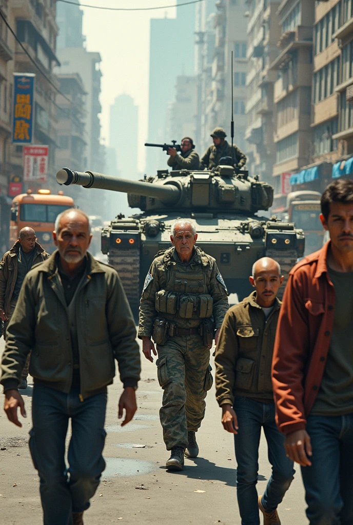 Image that has trucks, buses, a war tank, a soldier, an old man, a bald man and 3 25-year-olds