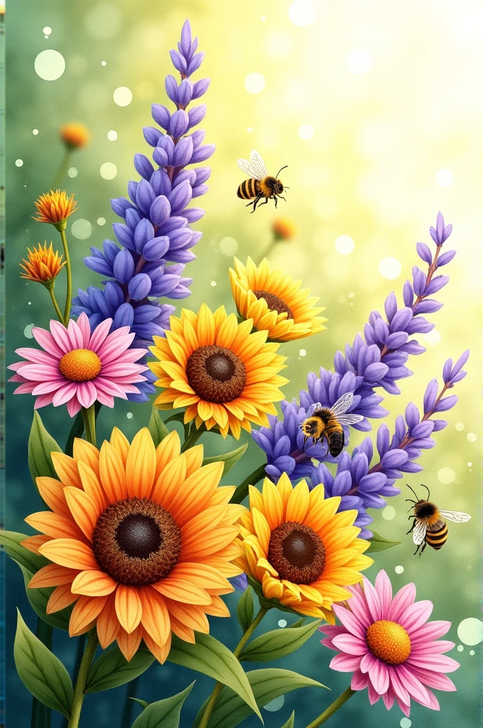 Bee flowers watercolor yellow green foliage