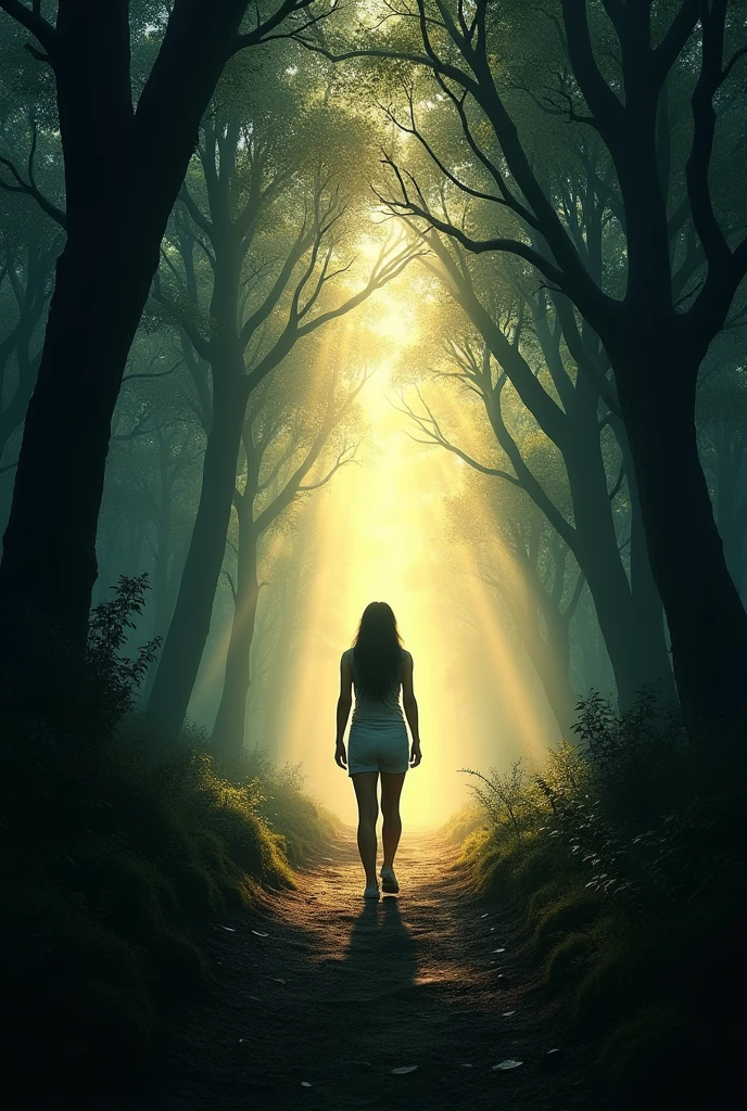 Create an image of a person standing at the edge of a dense, dark forest, with light breaking through the trees ahead. The person’s face reflects clarity and determination as they leave the shadows behind, stepping into the illuminated path. The surrounding forest is thick and confusing, symbolizing delusion and confusion, while the path ahead is clear and bright, representing spiritual clarity and wisdom.