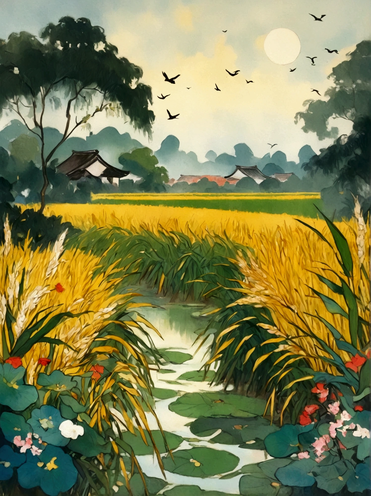 Canvas Illustration，Etienne Adolphe Piaud, Etienne Adolphe Piot，English Pre-Raphaelite painter，Pre-Raphaelite Brotherhood, ink style, masterpiece, Fantasy Garden，Aesthetic healing，moon，Star，Beautiful and poetic，Minimalism平面插画，Jiangnan countryside in summer，When you walk into this rice field，It&#39;s like being in a surreal dream。What unfolds before your eyes is a vast rice field，Golden rice swaying in the wind，The sun shines on it，Let the whole rice field shine with warm light。Rows of colorful wildflowers grow at the edge of a rice field，They sway gently in the breeze，Like dancing gracefully。Standing on the edge of a rice field，You can see flocks of birds singing happily in the wheat fields.，Their chirping blends in with the melodious sound of the wind in the rice fields.，It forms a wonderful natural symphony。Occasionally a bird flies up，Cut through the sky，Leaving beautiful curves，It seems to depict an unparalleled picture of the sky.。There is a clear stream flowing through the rice fields.，the river is crystal clear，Reflecting the blue sky, white clouds and surrounding scenery，Like a living mirror。The river flows slowly，Makes the water sound sweet，It&#39;s like nature composed a beautiful music for them.，Dynamic，Hazy feeling，Layering，Has a stunning visual effect，Fascinating lighting，Bright and vivid colors，Chiaroscuro，Flat，Minimalism，high quality，High Detail，HD晰，masterpiece，masterpiece，The painting style is meticulous，Refreshing colors，HD，in the style of Pre-Raphaelite Brotherhood