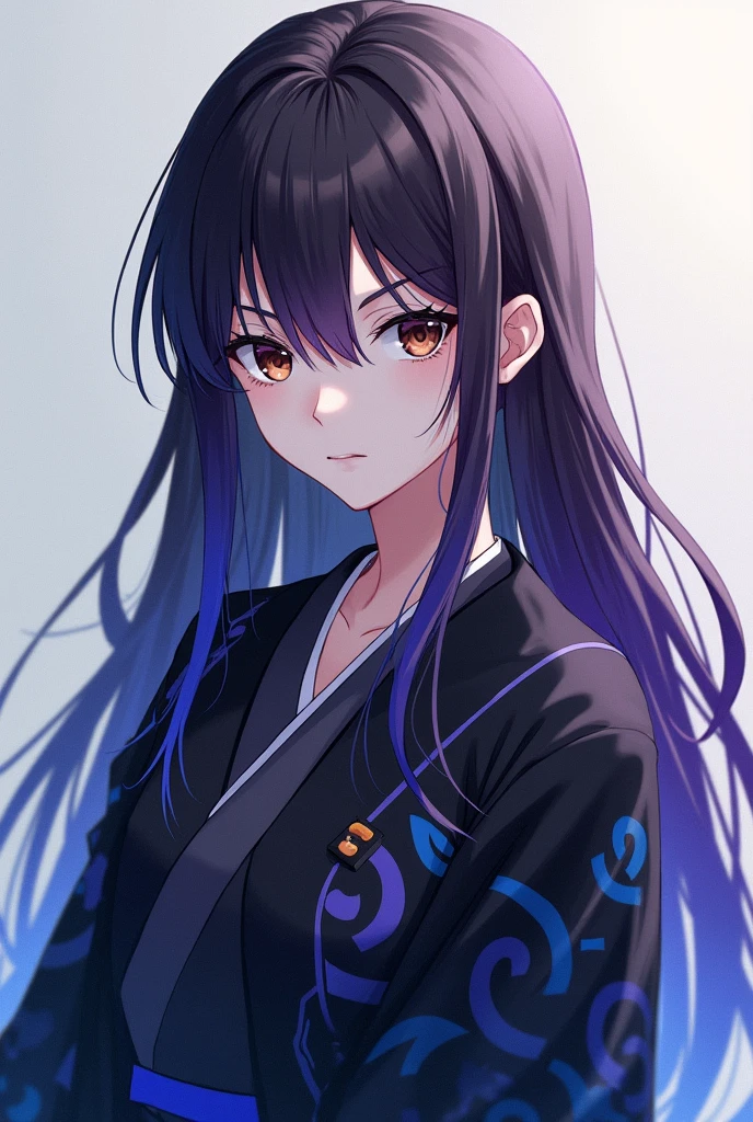 a white skinned girl, with long dark brown hair that turns blue at the tips on one side and purple at the tips on the other side, with brown eyes, with a black Haori that fades into blue and purple, She is wearing the demon hunter uniform. anime version