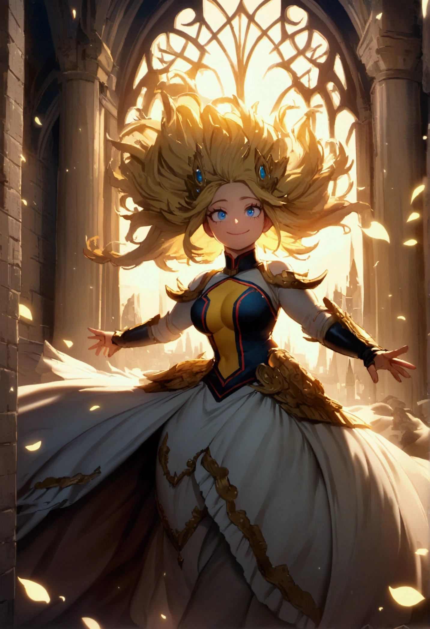My hero academia, Girl with yellow long messy hair and blue eyes, a smile on her face with a full figure, fantasy, princess