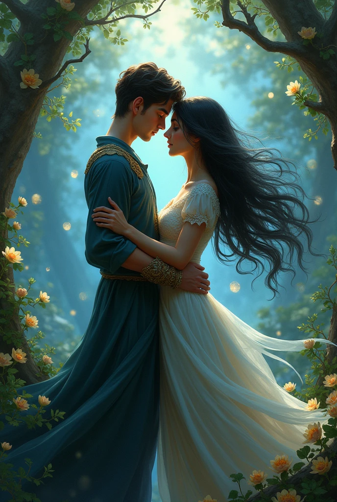 fantasy couple, young man blue eyes brown hair, black hair woman, whole body