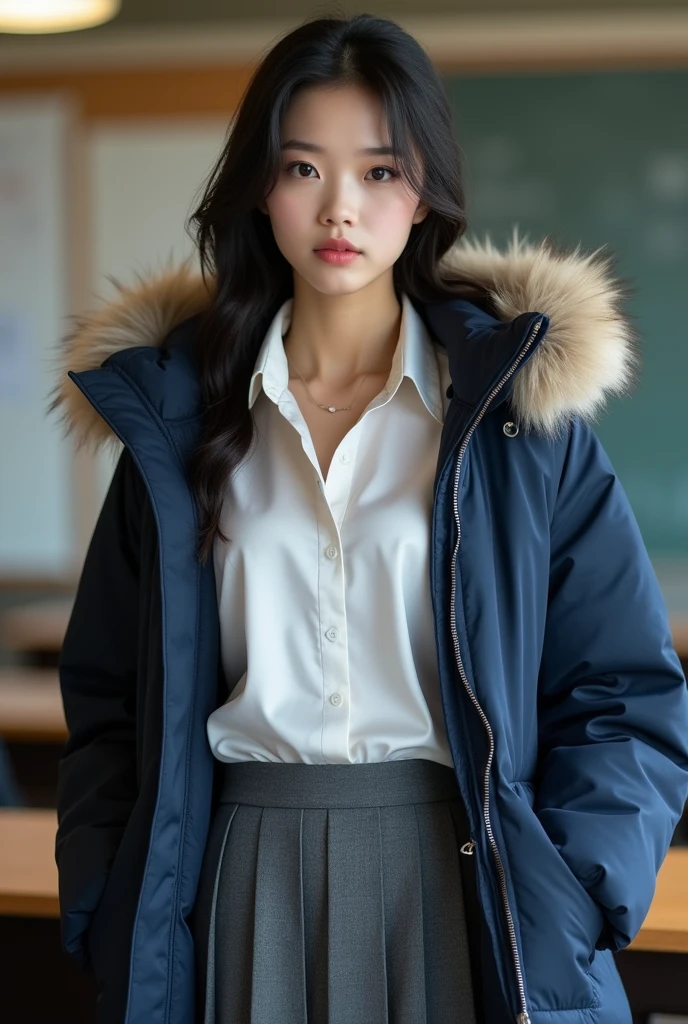 ((best quality)), ((masterpiece)), (detailed), perfect face, beautiful Chinese 16 year old woman, silk tight navy blue puffer coat, seductive, face and body focus, (large breasts) , school uniform, tight silk white blouse, grey pleated skirt, fluffy fur hood, photorealistic, photograph, shiny blouse, blushing, in classroom, open coat, silk coat lining