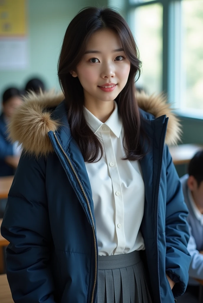 ((best quality)), ((masterpiece)), (detailed), perfect face, beautiful Chinese woman, silk tight navy blue puffer coat, seductive, face and body focus, (large breasts) , school uniform, tight silk white blouse, grey pleated skirt, fluffy fur hood, photorealistic, photograph, shiny blouse, blushing, in classroom, open coat, silk coat lining