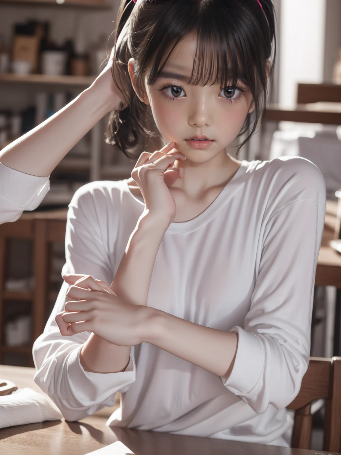 blue eyes,Highest quality,High resolution,unity 8k wallpaper,(shape:0.8),(Beautiful and exquisite:1.6),Detailed face,Perfect lighting,Detailed CG,(Perfect hands, Perfect Anatomy),Female student,White shirt,(White panties:1.0),Black Hair、Twin tails、Cut off,Shirt Tag Pose