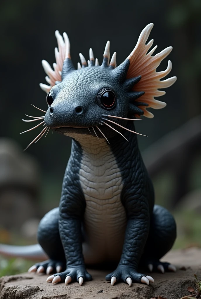Design an axolotl with a front view in black with gray and white and elegant
